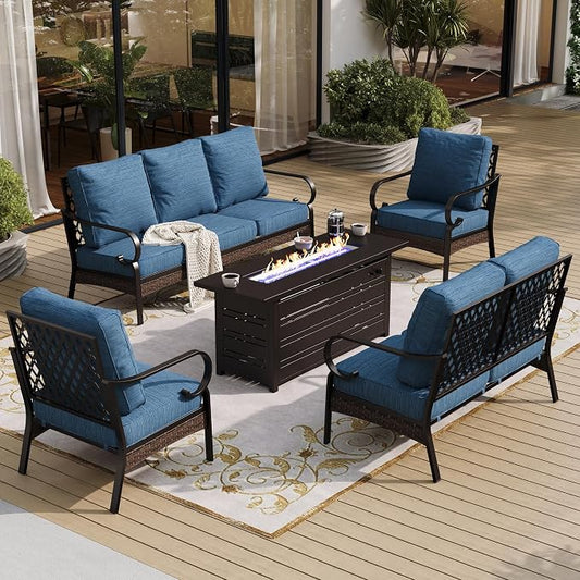 SUNSHINE VALLEY 5 Piece Black Metal Outdoor Patio Furniture Set with Firepit Table, Patio Conversation Sets 1 3-Seater Sofa, 1 Loveseat, 2 Single Sofa with 5.75" Cushion for Backyard Deck, Blue-2