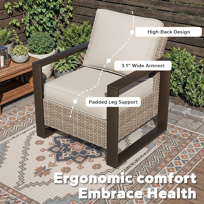 Joyside Outdoor Patio Chairs, 4 Pieces Wicker Rattan Furniture Set, 2 Patio Chairs and 2 Ottoman, Metal Wide Armrest, Thick Cushions and Deep Seating for Garden, Backyard, Porch, Deck