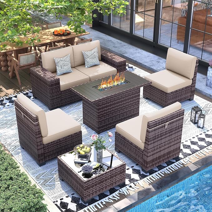 UDPATIO Patio Furniture Set with 44" Fire Pit, 8 Inch Armrest, Brown/Khaki