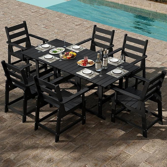 GREENVINES 7-Piece-Outdoor-Table-and-Chairs | HDPE | Patio Furniture | Dining Sets for 6 | Removable Armrests | All Weather | Connectable Tables | for Backyard Poolside Garden | Black