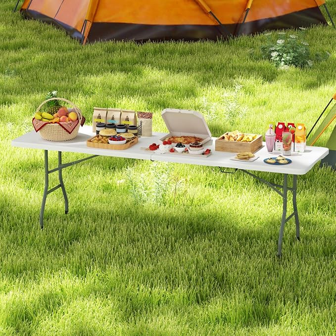 Tangkula 8 FT Folding Table, Indoor Outdoor Foldable Plastic Table with HDPE Tabletop, Sturdy Metal Fame, Carrying Handle, Heavy Duty Portable Fold-in-Half Picnic Table for Camping BBQ Party