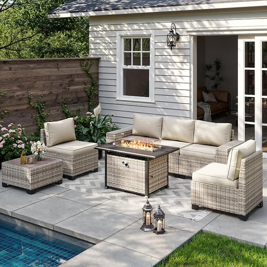 7-Piece Outdoor Patio Furniture Set with 55,000 BTU Fire Pit Table, PE Wicker Rattan Sectional Sofa Patio Conversation Set with Thickened Cushions & Coffee Table, Ivory