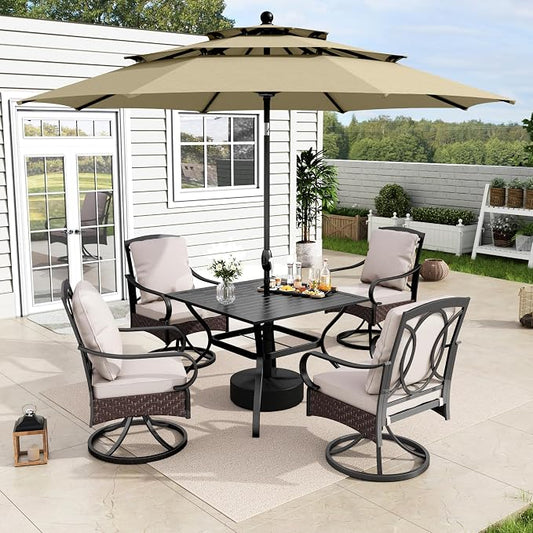 MFSTUDIO Patio Table and Chairs Set of 6, Patio Dining Set with Umbrella, Outdoor Dining Set for 4, Square Metal Dining Table with Swivel Chairs, 6 Pieces Outdoor Furniture Set for 4 with Umbrella