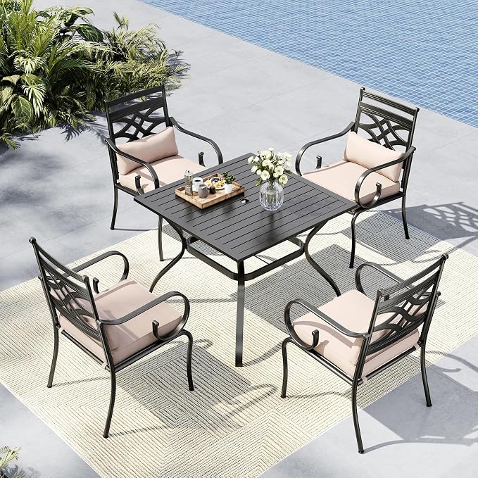 MFSTUDIO 5-Piece Patio Dining Set, 37" Square Metal Table, Fixed Chairs | Umbrella Hole, Seats 4, All-Weather Use