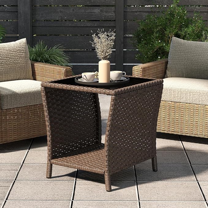 Kinsuite PE Rattan Patio Side Table - Outdoor Wicker End Table with Black Glass Top, Rattan Coffe Table in Iron Frame for Backyard Balcony Poolside, Dark Brown