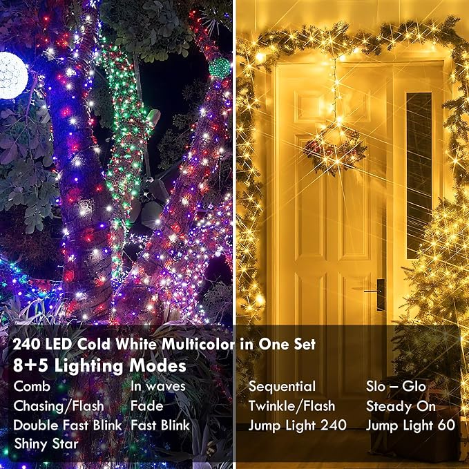 88FT 240LED Connectable String Lights Indoor Outdoor Clear Wire, Warm White⇋Multicolor Christmas String Lights, Plug in Twinkle Fairy Light With Timer For Wedding Patio Tree Yard Christmas Decorations