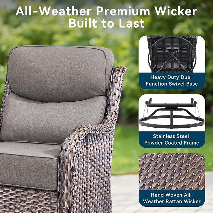 Luxury High Back Outdoor Furniture with 6-Inch Thick Cushions, Patio Furniture Set with Swivel Chairs, 7 PCS Wicker Conversation Set for Porch, Balcony, Deck and Yard