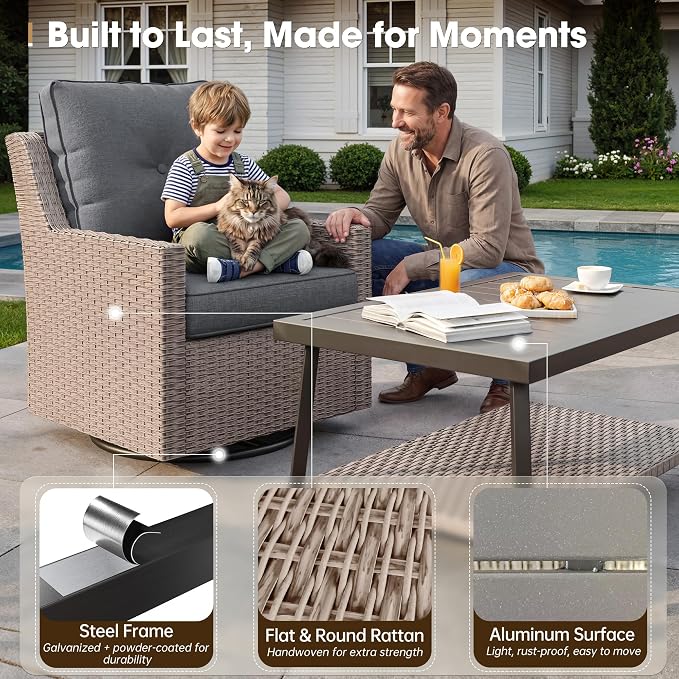 NestNook 6 Piece Patio Furniture Set, Outdoor Furniture Wicker Swivel Chairs Set of 2 with 3-Seater Sofa, 2 Ottomans and Coffee Table Patio Conversation Set for Backyard Balcony & Poolside（Dark Grey）