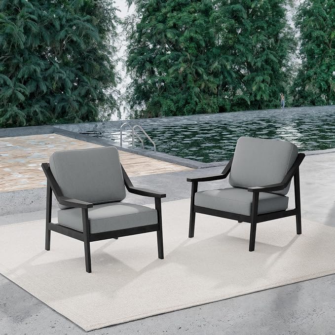Outdoor Patio Furniture Set, 2 Piece Outdoor Patio Sofa Armchairs with Washable Thick Cushions, All-Weather Solid Wood Patio Bistro Set for Porch, Balcony, Black Frame & Gray Cushion