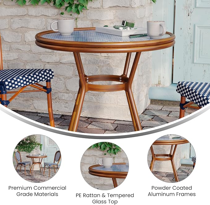 Flash Furniture Lourdes Indoor/Outdoor Commercial Bistro Table - Tempered Glass Top - PE Rattan - Natural Bamboo Print Aluminum Frame - 31.5" - Navy/White