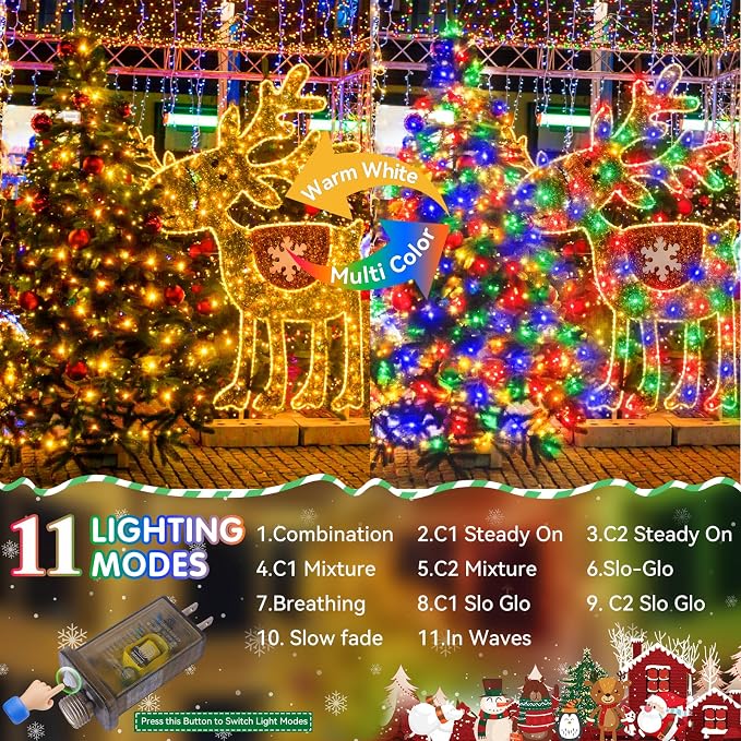 403FT 1000 LED Christmas Lights Outdoor, Color Changing String Lights with 11 Modes and Timer Memory Function for Xmas Tree Wedding Party Holiday Decor (Warm White to Multicolor)
