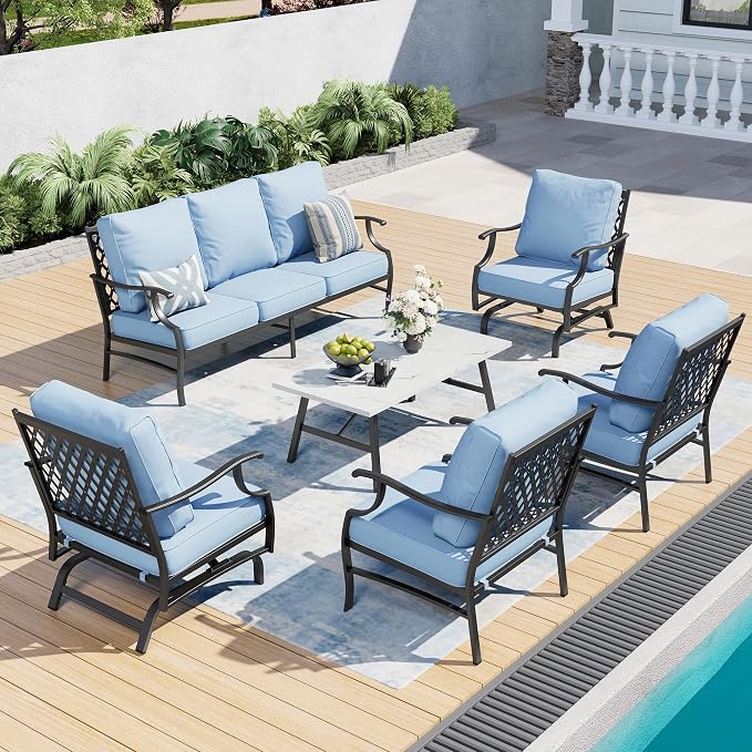 SUNSHINE VALLEY 6 Piece Metal Outdoor Patio Furniture Set, Patio Conversation Set 1 3-Seater Sofa, 2 Rocking Chair, 2 Leg Chair with 5.75" Thick Cushion and Coffee Table, Backyard Furniture Set, Blue