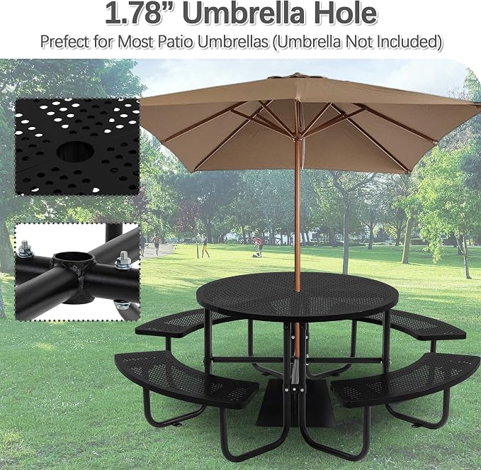 46" Round Outdoor Metal Coffee Picnic Table for Patio, Backyard, Garden and DIY (Includes 4 Built-in Benches) - Black
