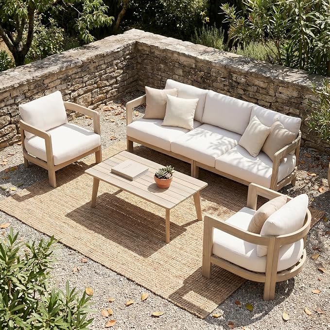 SUNSITT 4-Piece Outdoor Patio Furniture Set, Acacia Wood Conversation Set w/ 6.7" Thick Cushions, Curved Backrest Design, Modern Outdoor Set w/ 3-Seater Couch, Natural Color and Beige Cushions