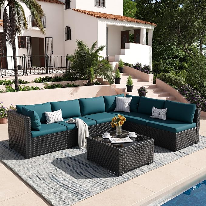 Patio Furniture Set, 7-Piece Outdoor Sectional All-Weather Wicker Patio Conversation Set for Backyard, Garden, Peacock Blue