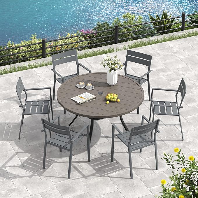 VICLLAX 50" Round Patio Table, Outdoor Dining Table for 6 with Umbrella Hole for Garden Lawn Deck Backyard, Antique Grey