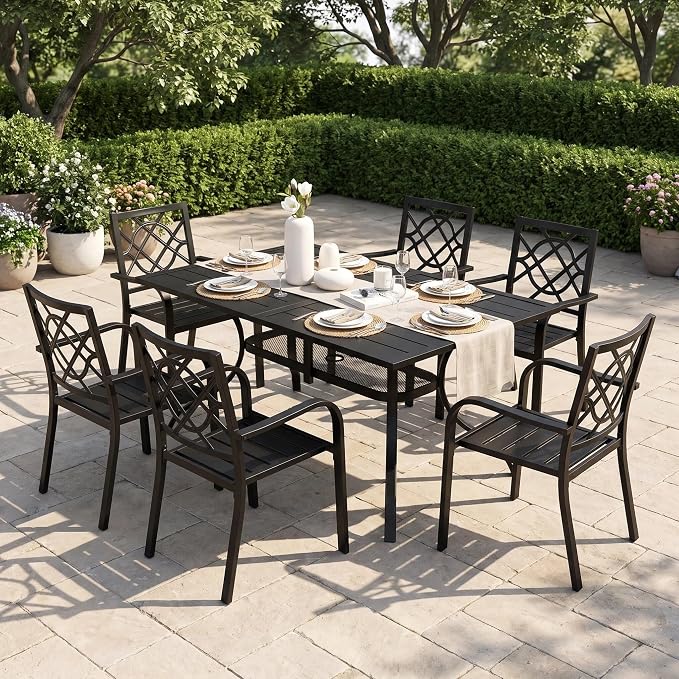 Crownland 7 PCS Furniture Patio Dining Set, 6 Stackable Metal Chairs and Rectangular Outdoor Dining Table with 1.57" Umbrella Hole, Suitable for Backyard, Lawn, Garden (Metal Tabletop)