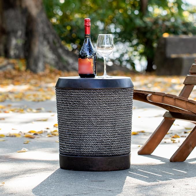Round Outdoor Side Table MGO Concrete End Table with Simulated Braided Rope Texture, Fully Assembled Cylindrical Accent Side Tables for Patio, Balcony, Living Room, Garden,Vintage Dark Brown