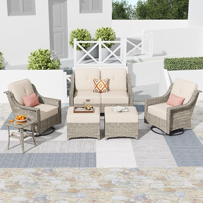 HOOOWOOO 6 Piece Patio Furniture Conversation Sets with Swivel Rocking Chairs,Outdoor Wicker Furniture with Ottoman,All Weather Resistant High Back Rattan Conversational Set(Beige Tan)