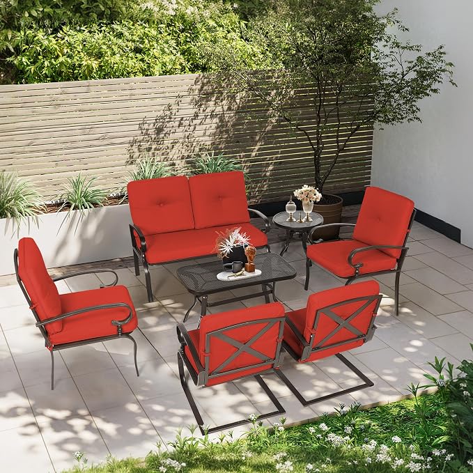Incbruce 7 Pcs(6 Seats) Wrought Iron Patio Conversation Sets (1 Loveseat, 2 Table, 2 Spring Chair, 2 Dining Chairs), Outdoor Metal Furniture Sets with Red Cushion