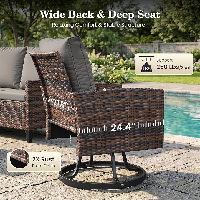 Amopatio Outdoor Patio Furniture Set, 6 Pieces Conversation Sofa with 360° Swivel Chairs, All Weather Wicker Outdoor Furniture for Backyard Garden Pool Deck,Grey