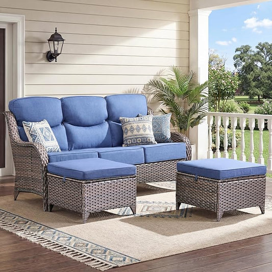 Luxury 3 Pieces Patio Furniture Sets-All Weather Wicker Rattan 3-Seat Sofa Set with Comfy 6" Cushion, Multifunctional Ottomans Patio Conversation Set for Deck Backyard Garden(Brown/Blue)