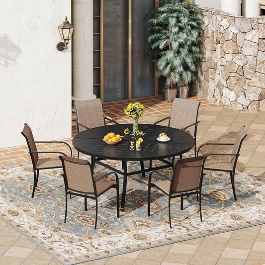 VICLLAX 7 Pieces Patio Outdoor Dining Set, 50" Round Metal Table with Umbrella Hole and 6 Stackable Textilene Chairs for Patio, Lawn, Garden, Porch, Black/Brown