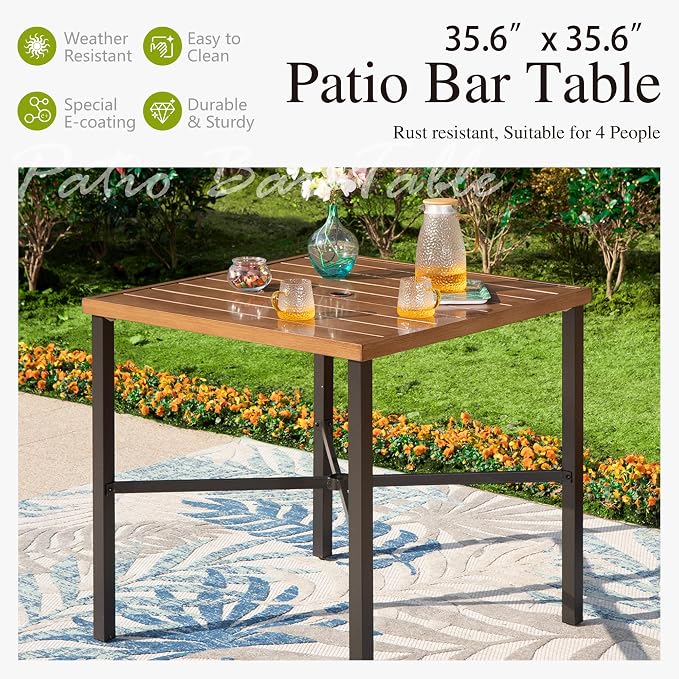 Sophia & William Patio Bar Table Outdoor Metal Square Bar Height Dining Table with 1.61’’ Umbrella Hole