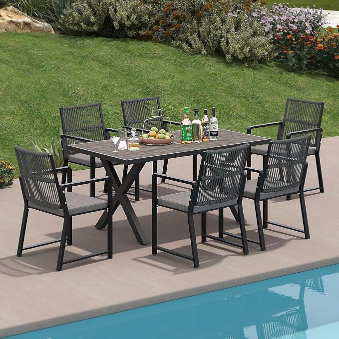 7 Pieces Outdoor Dinning Set Featuring 1 Aluminum Table and 6 Iron Alloy Ratten Chairs Waterproof and Rust-Proof Courtyard Style Table Garden Balcony Poolside, Black 7 Pcs