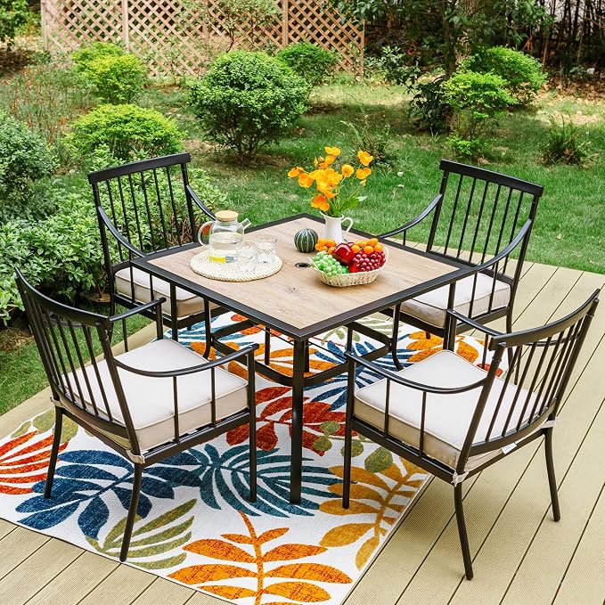 Sophia and William Patio Dining Set, 5 PCS | E-Coated and Steel, Square Table, Straight Legs Chairs, 1.57" Umbrella Hole, Weather-Resistant