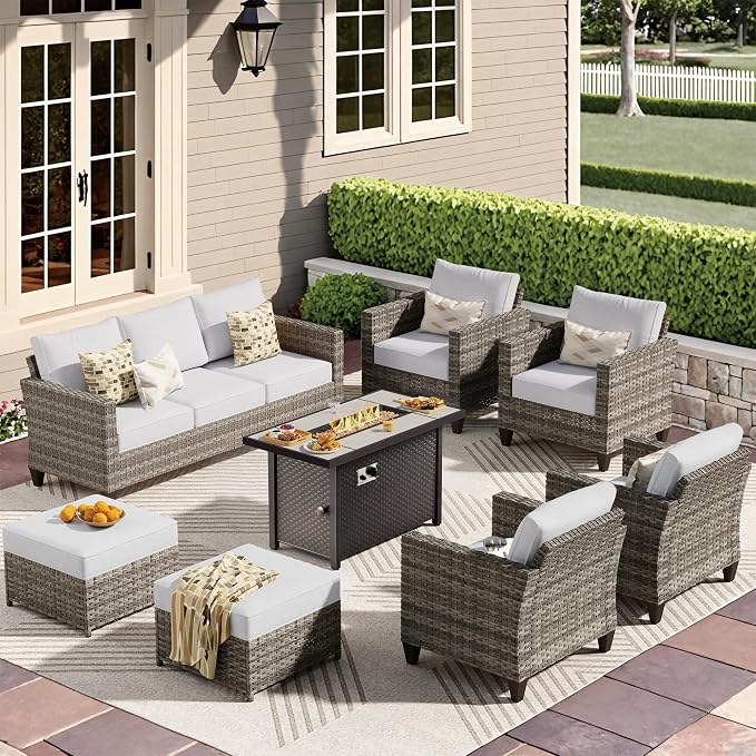 CAODOC 8-Piece Outdoor Wicker Patio Set with 9 Seats, Including 43" Fire Pit - Sectional Sofa and Conversation Set for Backyard or Lawn, Gray Rattan with Waterproof Gray Cushions