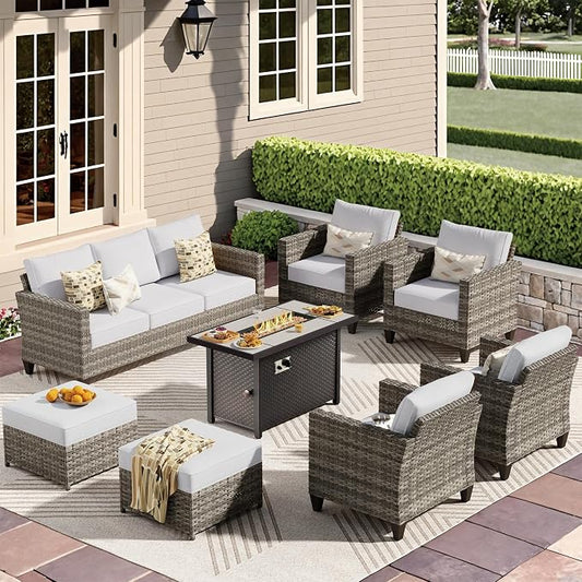 CAODOC 8-Piece Outdoor Wicker Patio Set with 9 Seats, Including 43" Fire Pit - Sectional Sofa and Conversation Set for Backyard or Lawn, Gray Rattan with Waterproof Gray Cushions