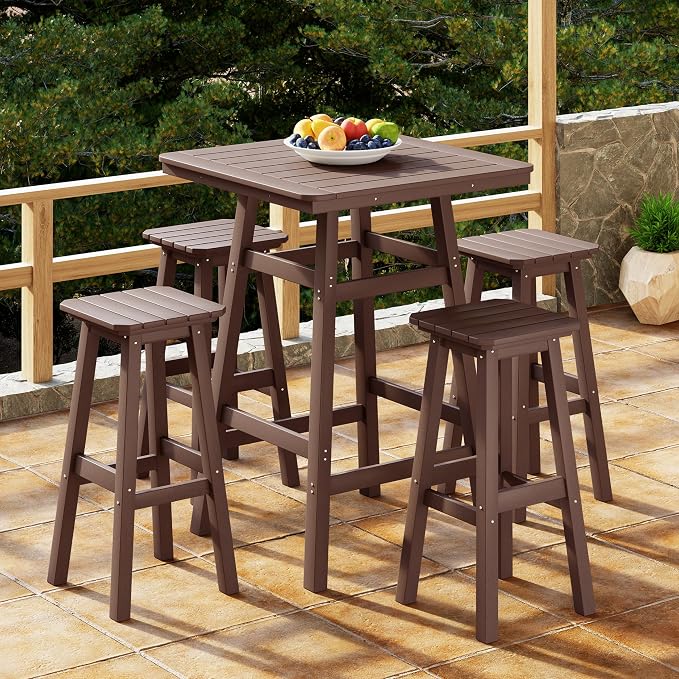 Costaelm Outdoor Bar Table, 42" Counter Height Square Patio Cocktail Bar Table with Umbrella Hole, Patio Bistro Dining Pub Table for Front Porch Deck Backyard Garden, Dark Brown