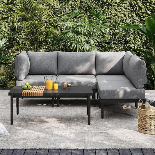 Sundale 5 Pieces Outdoor Patio Furniture Set, Metal Sectional Sofa Patio Conversation Set with Coffee Table, Modern Patio Corner Couch for Balcony, Porch, Sunroom