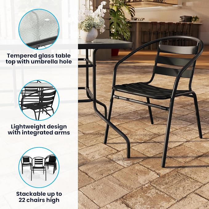 Flash Furniture Lila 7-Piece Glass Patio Table and Chairs Set, Outdoor Patio Dining Set with Rectangular Table and 6 Slat Back Patio Chairs, Black | Umbrella Hole, 55 in Tempered Glass, Aluminum Slat Back Stack Chairs