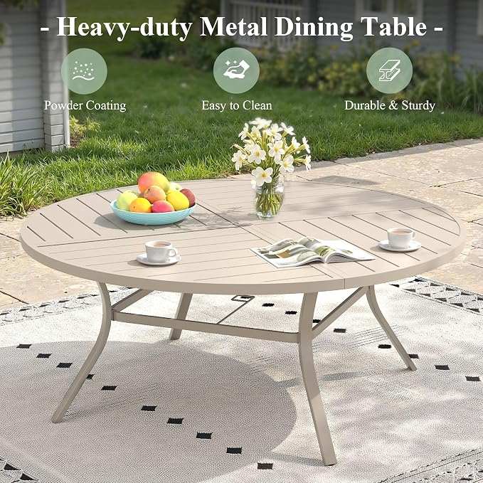 63" Outdoor Dining Table with Adjustable Umbrella Hole, Metal Slatted Round Patio Dining Table for Backyard Garden Deck, Sandshell