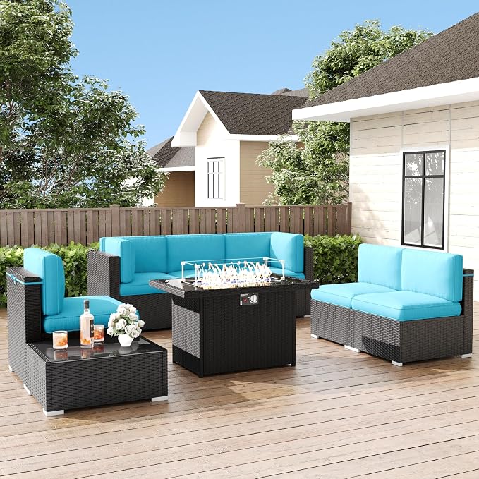 LayinSun 8 Pieces Patio Furniture Set with Fire Pit Table, Black Rattan Modular Sectional Patio Conversation Sofa Set