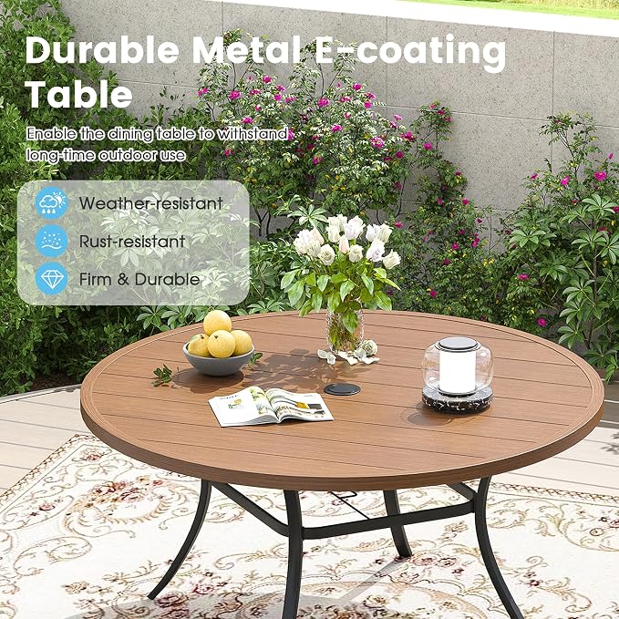 9 Pieces Outdoor Patio Dining Table Set, 60" All Weather Round Metal Table with Umbrella Hole and 8 High Back Textilene Swivel Chairs for Garden, Lawn, Poolside, Walnut Table & Brown Chairs