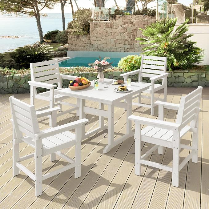Patio Dining Chairs Set of 2, HDPS Weather Resistant Outdoor Chairs with Armrest, Heavy Duty 300LBS Support Patio Chairs for Backyard Deck Porch Balcony, White