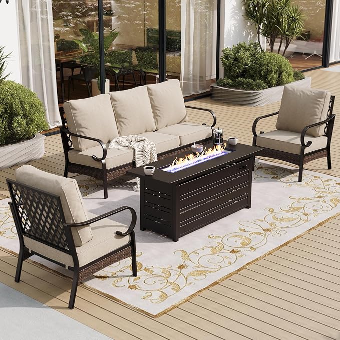 SUNSHINE VALLEY 4 Piece Black Metal Outdoor Patio Furniture Sets with Firepit Table, Patio Conversation Sets 1 3-Seater Sofa, 2 Single Sofa with 5.75" Thick Cushion Backyard Furniture for Deck, Beige