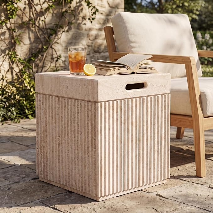 Christopher Knight Home Livia 20.28" Tall Outdoor Square Accent Side Table, Patio Decorative End Table with Fluted Design, MGO Garden Stool for Patio Living Room Balcony & Garden Decor, Travertine
