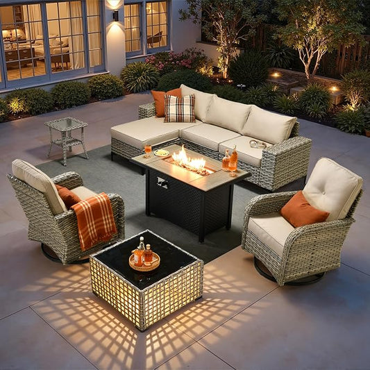 HOOOWOOO 9 Pieces Patio Furniture Set,L Shaped Outdoor Sectional Couch with Fire Pit Table, Pe Wicker All Weather Outside Conversation Sofa Swivel Chiars Solar Table Ottoman Set,Beige