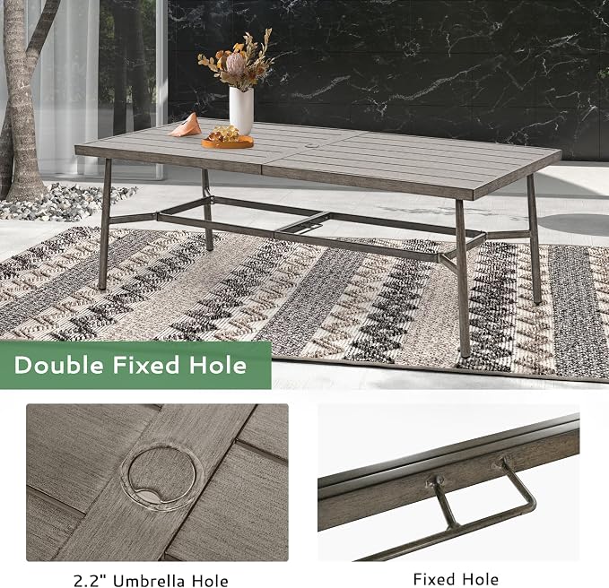9-Piece Outdoor Dining Set for 8, Aluminum Dining Set with Cushions, 8 Swivel Chairs with Rope Backrest, Large Rectangular Table with Umbrella Hole, Patio Dining Set for Lawn Porch Yard,Grey