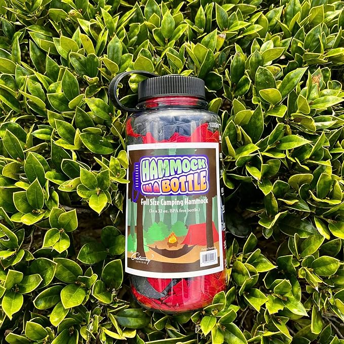 Hammock In a Bottle By Castaway Living, Red/Black Double Camping Hammock with 2 Tree Straps, 32 oz. Bottle, Triple Stitched Durable Nylon Material, Compact Design for Travel, Beach, Backyard, 400 Lbs.