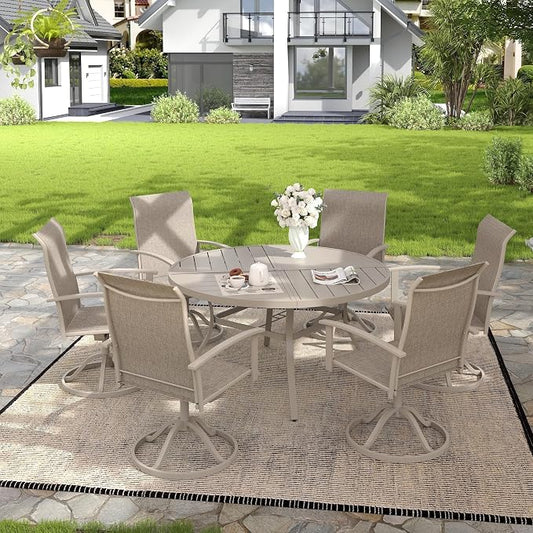 VICLLAX 7 Pieces Patio Outdoor Dining Set, 6 Swivel Textilene Chairs and 50" Round Metal Table with Umbrella Hole for Porch, Deck, Garden, Sandshell