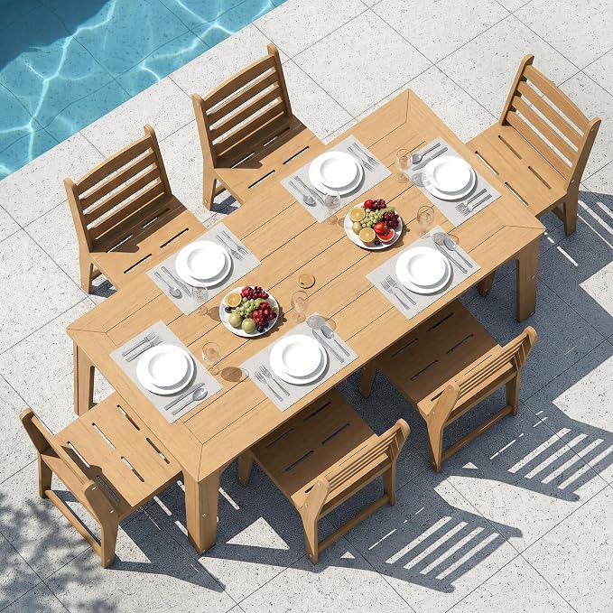 HDPE Outdoor Patio Dining Chair All Weatherproof Set of 2, Teak Color | Slatted Back Dining Armless Chair, Weatherproof Outdoor Side Chair Patio Furniture for Poolside Garden Backyard Deck Indoor
