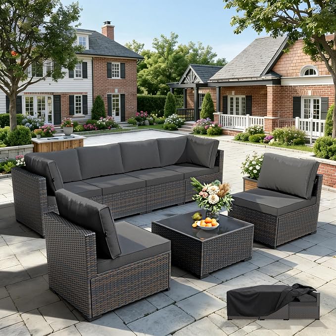 WWR Patio Furniture Set 7 Piece - All-Weather - Wicker Rattan Patio Outdoor Conversation Set, Modular Sectional Sofa for Backyard, Garden, Poolside, Balcony, Porch, Patio, Brown/Dark Gray