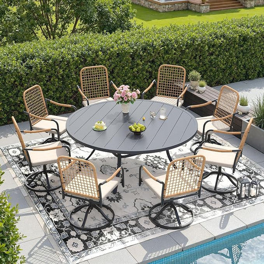 DIFY 9 Pieces Outdoor Dining Set for 8, 60" Round Dining Table with Umbrella Hole & Wicker Swivel Patio Chairs with Cushions, Metal Patio Table and Chairs Set for Backyard Porch Garden, Grey