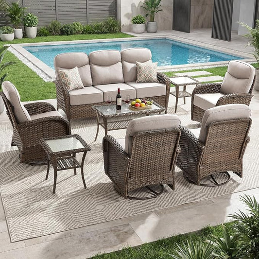 Outdoor Swivel Rocking Chair Patio Set (8pcs), High-Back - Thick Cushion Swivel Rocking Chair Patio Set, All-Weather Wicker Patio Furniture Set, Suitable for Balcony Patios, Brown/Beige