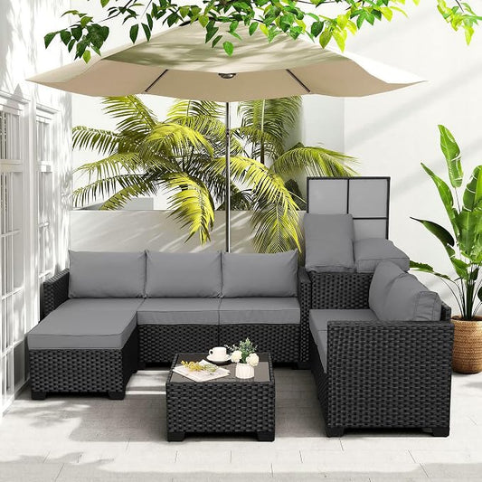 Valita Patio Furniture Set with Storage Box 5 Pieces Black Wicker Outdoor Couch Sectional with Glass Table and Non-Slip Cushions and Furniture Covers, Light Grey